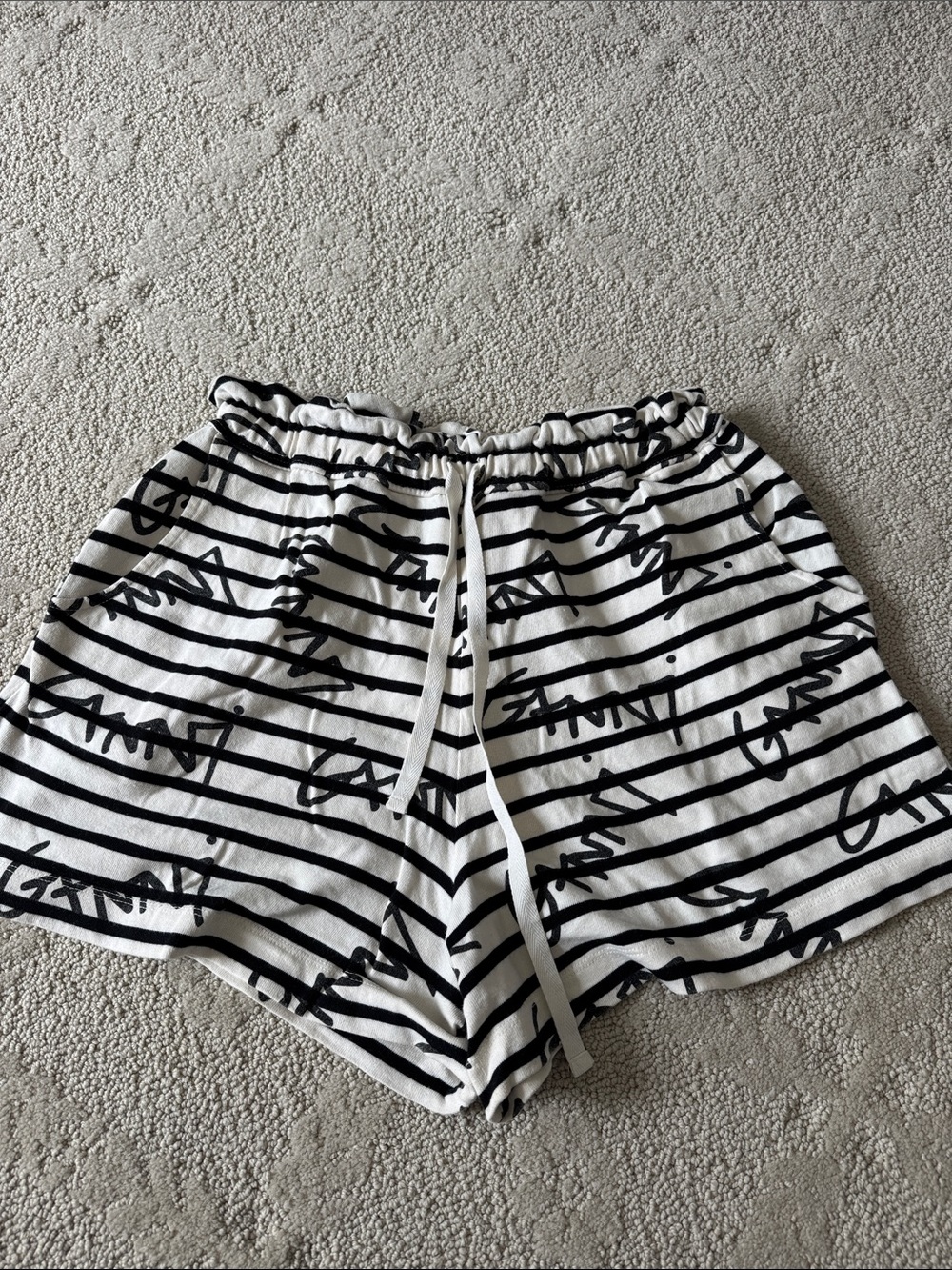 Ganni Black & White Striped Drawstring Athletic Shorts